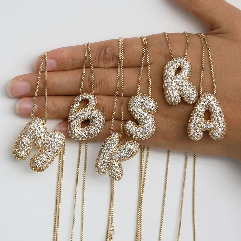 Iced Out Bubble Letter Necklace '18k Gold Plated'